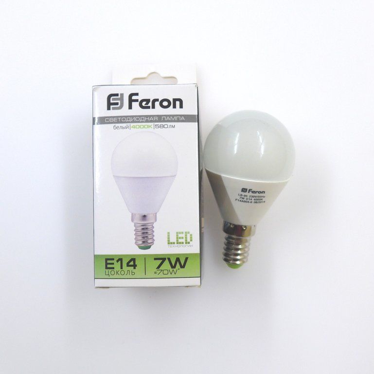 Лампа светодиодная LED 7вт E14,шар белый Feron