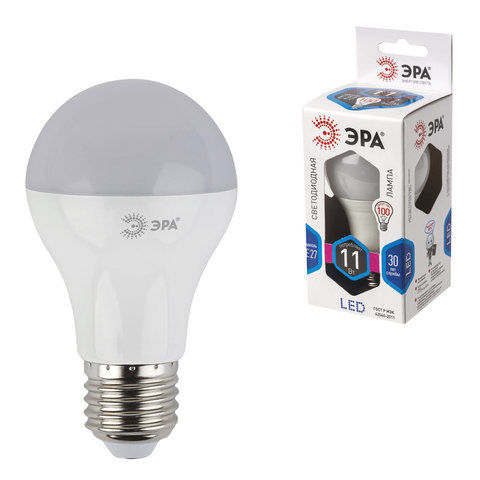 Лампа светодиодная ЭРА, 11 (100) Вт, цоколь E27, груша, холодный белый свет, 30000 ч., LED smdA60-11w-840-E27